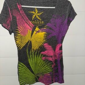 Nollie Women's Gray Tee with Vibrant Tropical Print